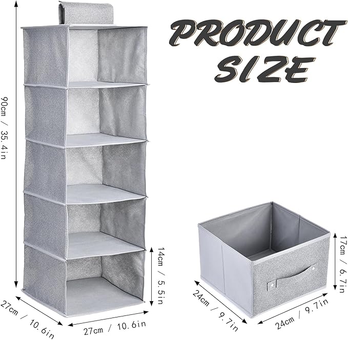 5-Tier Hanging Shelf Closet Organizer with Dividers, Hanging Storage with 2 Removable Drawers, Collapsible Closet and Storage Organization for Clothes, Bags, Dorms, Rooms (2PCS 5-Shelf)