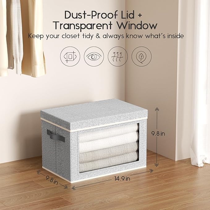 Collapsible Storage Bins with Lids - Stackable Storage Containers with Window, 3 Pack Fabric Bins for Closet, Home & Office Organization Baskets, Light Gray, 14.9" x 9.8" x 9.8"