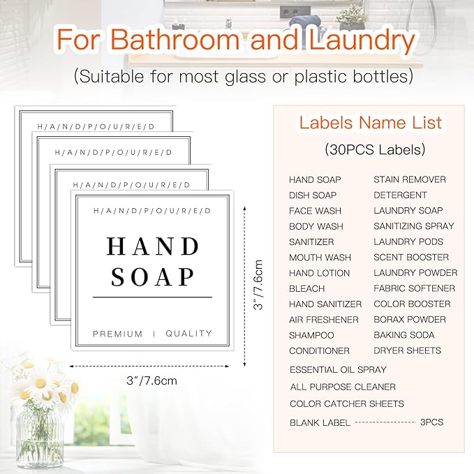 TESWEY 30PCS Waterproof Labels for Bottles, Minimalist Bathroom and Laundry Room Labels Set, Self-Adhesive Labels Stickers for Soap Dispenser and Laundry Jars, Hand Soap Shampoo Conditioner Label