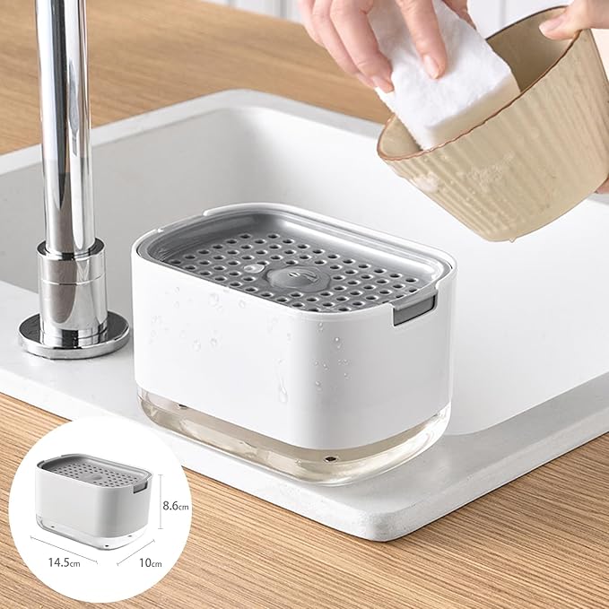 RUFCRIL Soap Pump Dispenser and Sponge Holder, 10oz / 300ml Dish Soap Dispenser for Kitchen,White