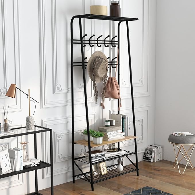 GAOMON Coat Rack, Hall Tree with Shoe Storage Bench, 3-in-1, Multifunctional Hallway Organizer, Shoe Storage with Coat Rack Stand, 10 Hooks, Metal Frame, for Entryway