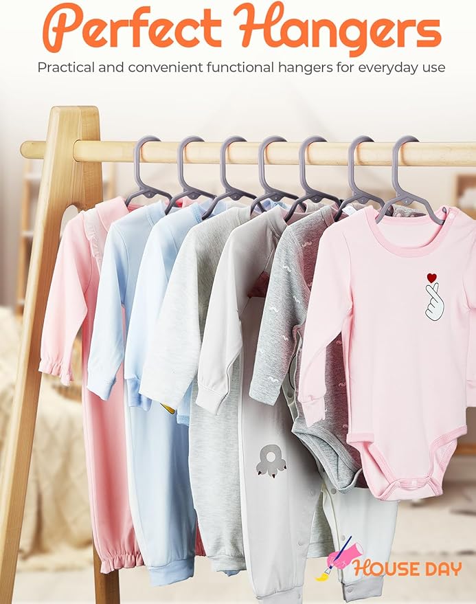 HOUSE DAY Premium Baby Hangers 120 Pack, 11 Inch Kids Plastic Hangers Grey, Slim Childrens Hanger for Infant, Toddler, Child Clothes, Non-Slip Sturdy and Durable Baby Clothes Hanger for Closet
