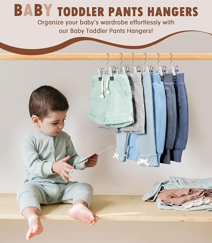 DOIOWN 20 Pack Baby Hangers, Baby Pants Hangers with Clips,Toddler Hangers for Pants, Skirts, Clothes, Non Slip Space Saving Kids Hangers for Closet Organization, Baby Essentials Closest Organizer