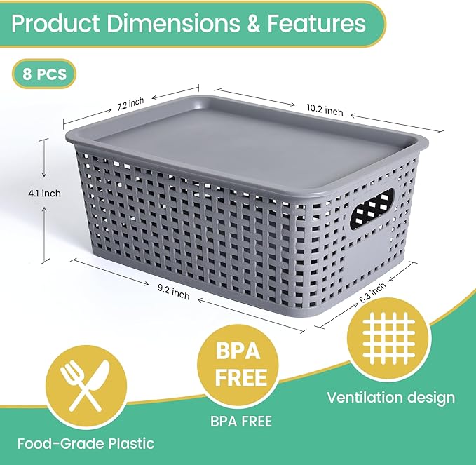 Plastic Storage Baskets with Lid - Plastic Storage Containers Stackable Storage bins: Storage Baskets for Organizing Shelves Drawers Desktop Closet Playroom Classroom Office, 8 Pack-Gray