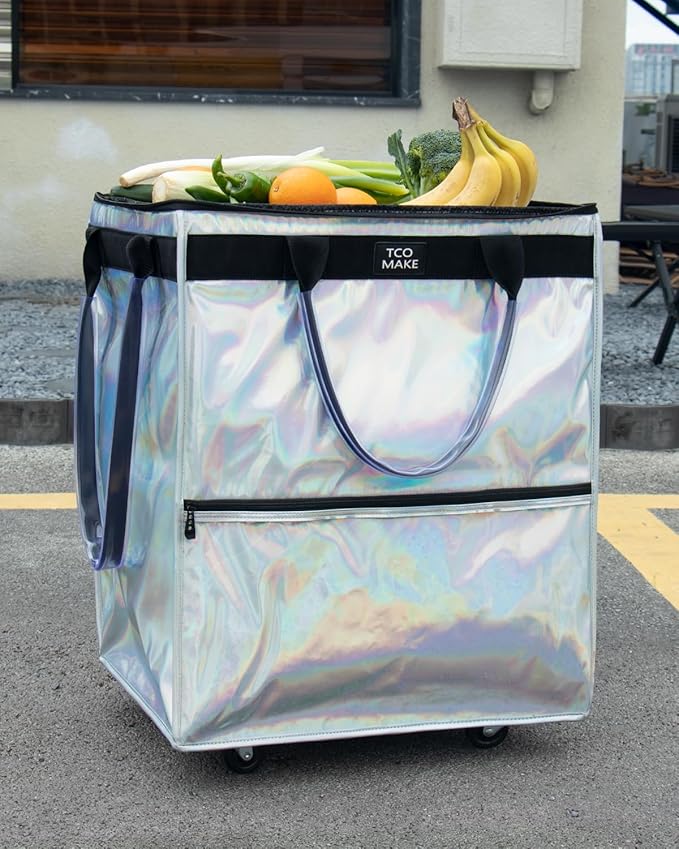 (Large, Phantom White) Reusable Grocery Bag on Wheels, Shopping Bags with Wheels and Handle, Folding Rolling Tote, Zipper Cover, Carries Up to 76 LBS, for Laundry, Picnic