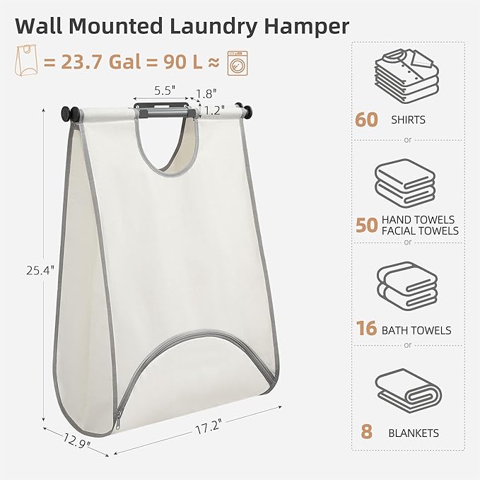 STORAGE MANIAC Wall Mount Laundry Hamper, Hanging Laundry Bag with Bottom Zipper Opening, Space Saver Dirty Clothes Hamper with Wall Anchor, Laundry Clothes Bin for College, Dorm, RV, White
