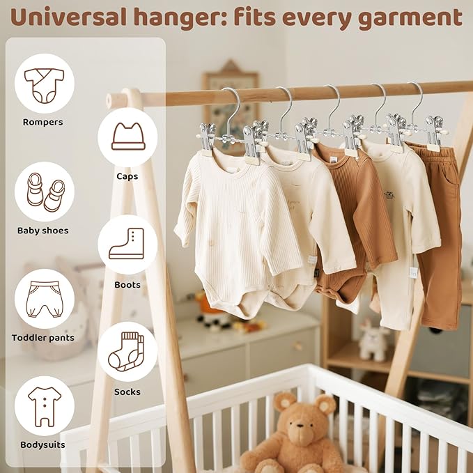 24 Pack Baby Hangers with Clips, 360°Rotatable Toddler Pant Hangers with Clips, Non-Slip Space Saving Kids Hanger for Newborn Children Clothes Skirts Boots Closet Organizers, Off-White
