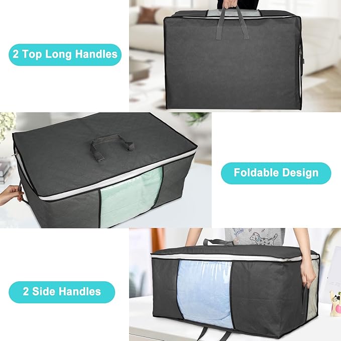 2Pack 105L Extra Large Blanket Comforter Storage Bags, Foldable Storage Bags for King Comforter Bedding Pillow Sheet Clothes with Handles Zippers Clear Window Closet Organizers and Storages, Black
