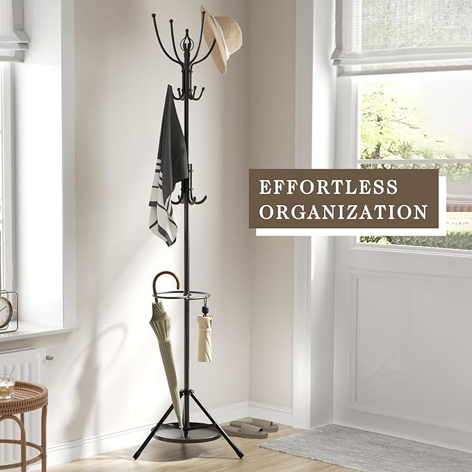 Coat Rack Freestanding - 67" H Black Metal Coat Rack Stand with Umbrella Holder with 12 Hooks for Bathroom Bedroom Entryway Living Room & Office for Hats, Coats, Scarves, Handbags