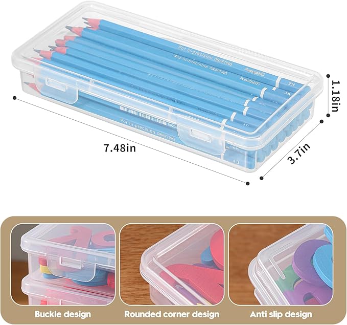 10 Pack Clear Plastic Pencil Case Pouch Box - Stackable Storage Organizer with Snap Lid for Pens, Markers, Beads, Jewelry, Stickers, Art Supplies, School Office Hobby Use, Rectangular Flat