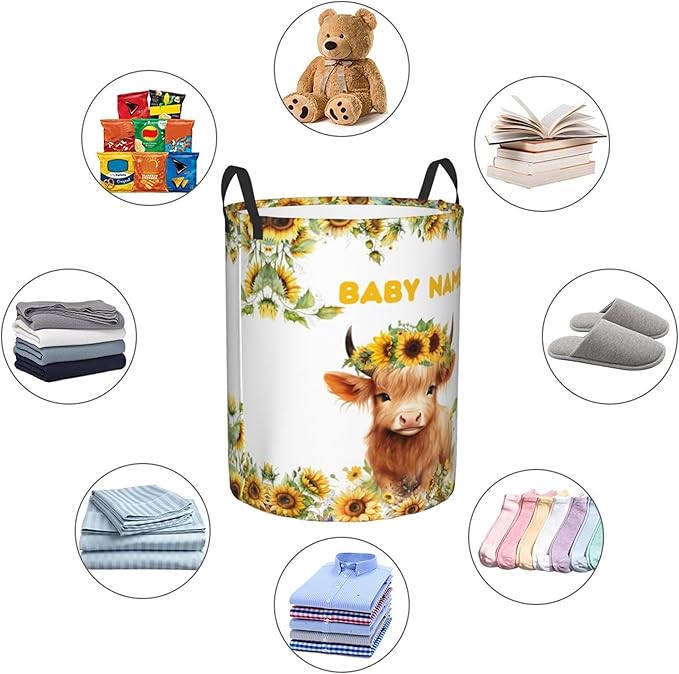 Personalized Cow Sunflower Laundry Basket For Baby Kids Boys Girls Adult Custom Hamper Basket With Name For Bathroom Bedrooms Collapsible Baby Laundry Basket, Dirty Clothes Hamper With Handles