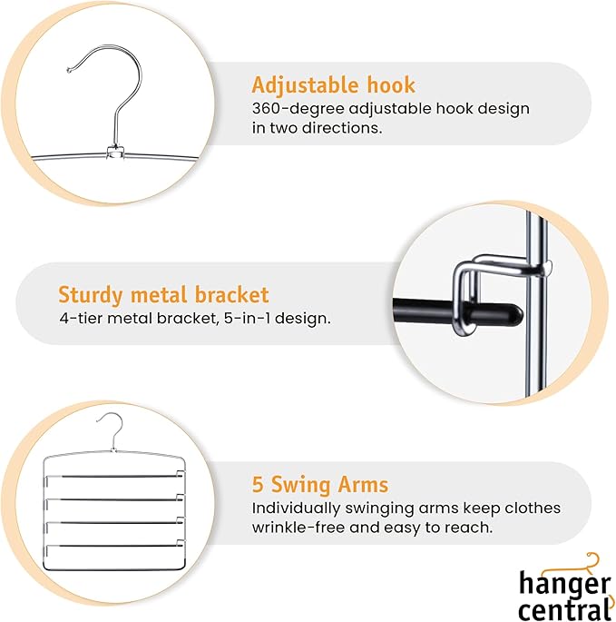 Hanger Central 3 Pack Space Saving Swing Arm Pants Hangers – 5 Tier Stainless Steel Multi-Layer Closet Organizer for Jeans, Slacks, Trousers, Skirts – Non Slip Hangers for Clothes, Black