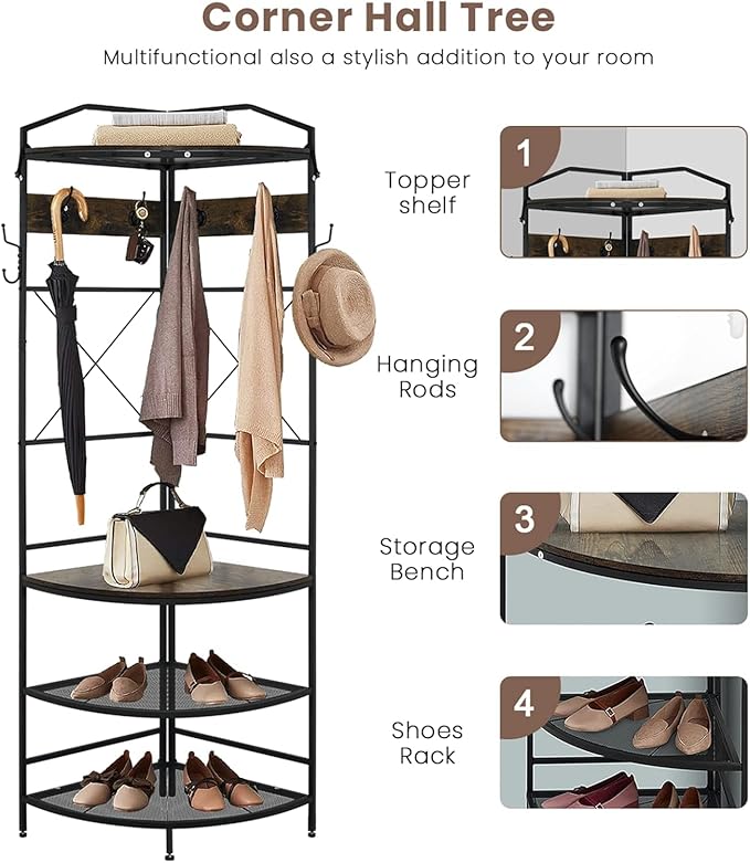 Corner Coat Rack with Storage, Entryway Hall Tree with Bench and 8 Metal Hooks, Freestanding Clothes Rack Shoes Shelf Organizer for Home Office Bedroom, Rustic Brown
