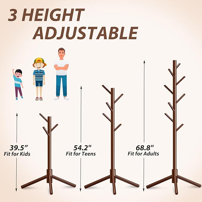 Durable Wooden Coat Rack, Freestanding Coat Rack with Stable Triangular Base, 8 Hooks & 3 Adjustable Heights, Simple Assembly for Bedroom, Hallway, Office(New Brown)