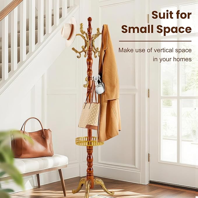 Freestanding Vintage Coat Rack with 11 Hooks, Sturdy Wooden Hall Tree for Entryway, Heavy-Duty Tri-Legged Base for Hats, Jackets, Bags, Easy Assembly for Bedroom, Hallway