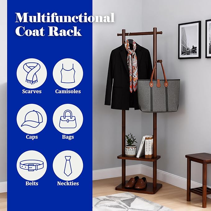 Coat Rack,Wooden Coat Rack Freestanding,Standing Coat Racks Tree Clothes Hanger Stand with Stury Base for Entryway, Livingroom, Bedroom,Easy to Assemble(Brown)