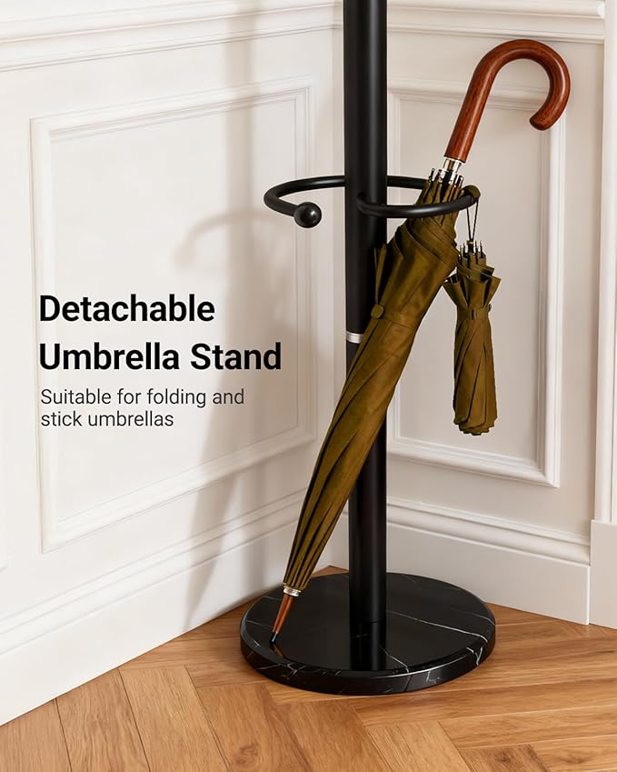 Pipishell Metal Coat Rack with Sturdy Marble Base, Coat Tree with 16 Hooks & Detachable Umbrella Holder, Freestanding Coat Rack for Entryway, Corner, Bedroom and Home Office, Black