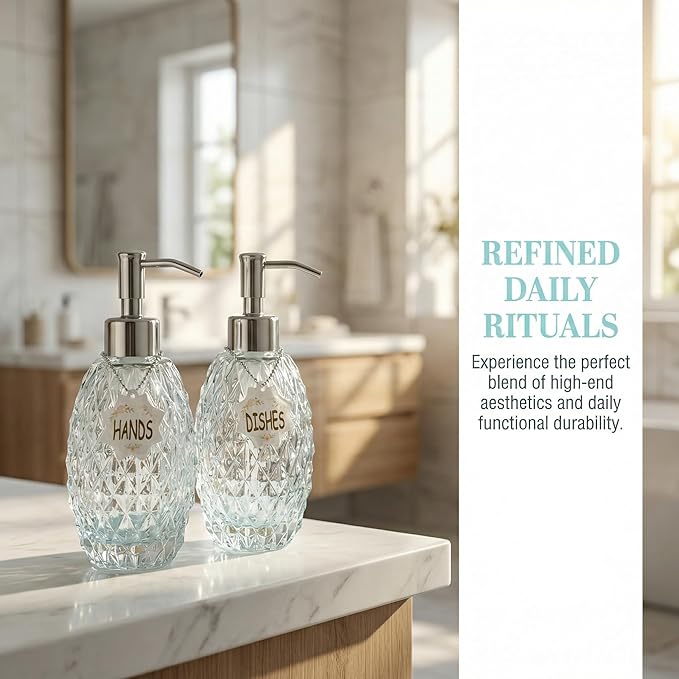 MALACHI Soap Dispenser Set, Crystal-Textured Diamond Glass with Rustproof Stainless Steel Pump, Dual-Labelled Hand & Dish Soap Dispenser for Kitchen & Bathroom