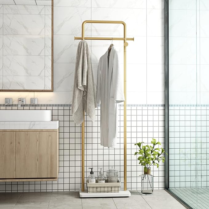 TIEOU Gold Clothing Racks with Shelf, Heavy Duty Gold Clothes Racks for Boutiques, Free-Standing Metal Garment Rack for Hanging Clothes, Modern Coat Rack Entryway