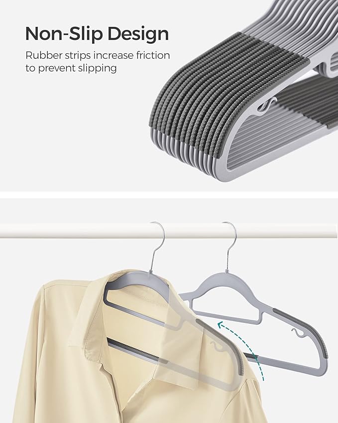 SONGMICS Pack of 100 Coat Hangers, Space-Saving Plastic Clothes Hangers, Non-Slip, 0.2 Inches Slim, 16.5 Inches Wide, 360° Swivel Silver Hook, Light and Dark Gray UCRP020G010