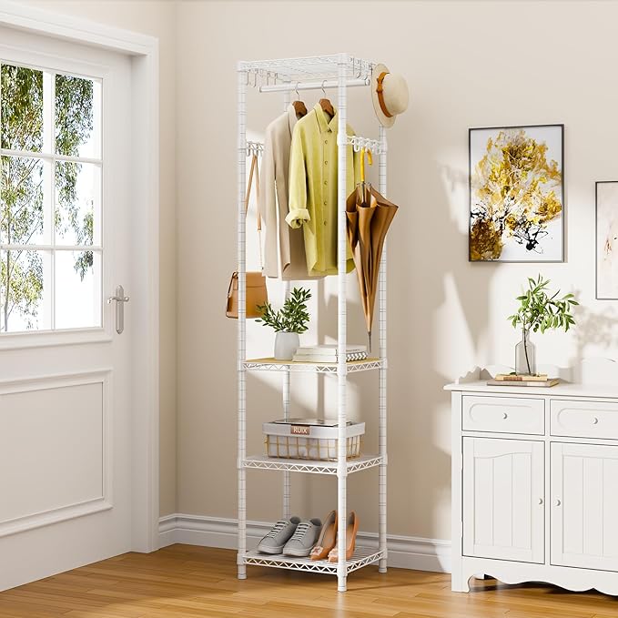 R1 Black & R1 White Coat Rack Freestanding, Hall Tree with 4 Storage Shelves and 16 Hooks, Coat Rack Stand with Shelves, Small Clothes Rack Organizer for Entryway, Hallway, Bedroom, Office
