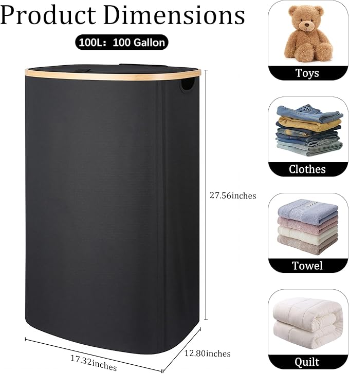 Laundry Hamper with Lid, 100L Clothes Hampers for Laundry with Bamboo Handles and A Removable Bag, Fordable laundry Basket with Lid for Bathroom, Bedroom, Dorm, Laundry Room