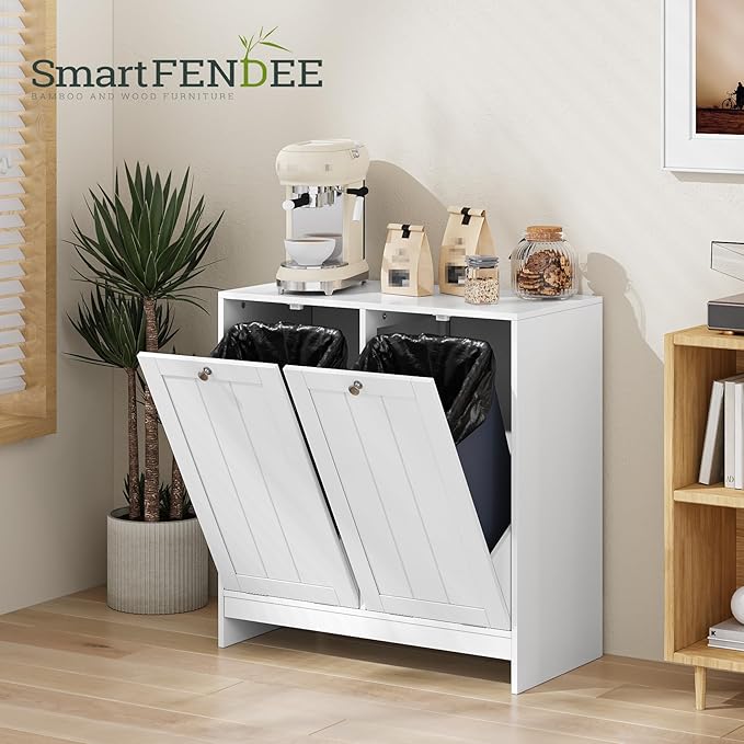 Double Tilt Out Laundry Hamper Cabinet, 11.8 Gallon Hidden Trash Cabinets with 2 Baskets for Kitchen, Freestanding Bathroom Storage Cabinet Unit, White