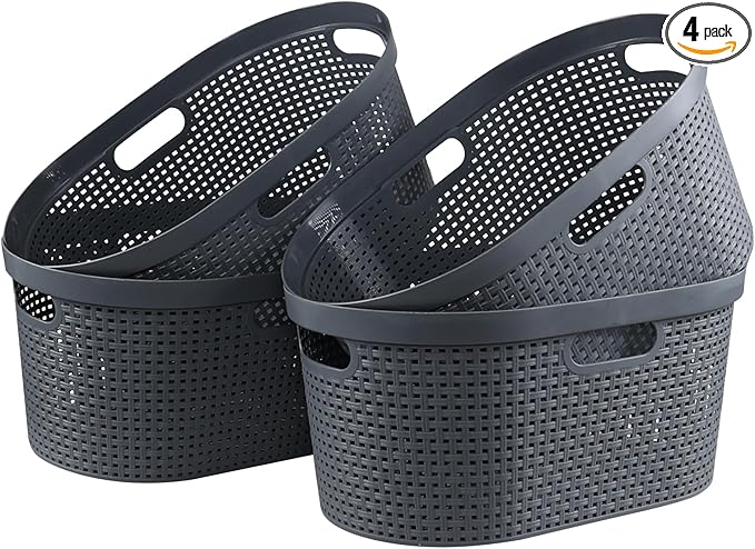 Sandmovie 4 Packs Plastic Laundry Baskets, Large Dirty Clothes Hampers with Cutout Handles, Grey, 42 L