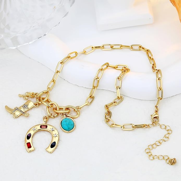 Chunky Gold Necklace for Women Gold Evil Eye Cowboy Pendant Necklace Dainty Paperclip Chain Vintage Luck Amulet Choker Necklaces Celestial Jewelry Gift