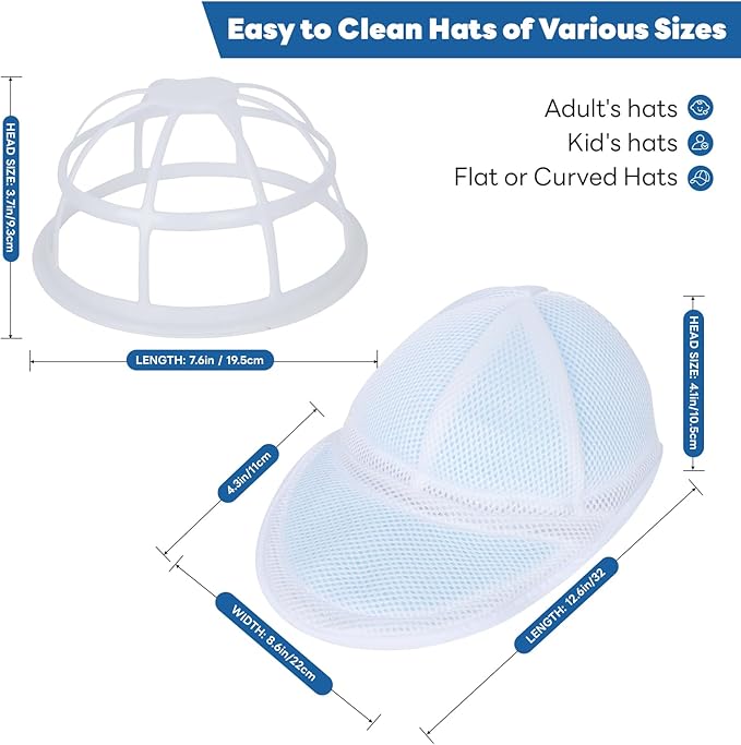 Upgraded Hat Washer Cage with Protective Mesh Bag, Durable Hats Cleaner for Caps, Hat Washing Cage with Chenille Liner - Reusable, Fixed Holder, Prevents Deformation, Fits Adult & Kids Caps, 2 Pack
