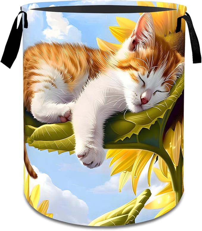 Cute Cat Sunflower Laundry Basket,Dirty Clothes Hamper,Adorable Kitten Flower Storage Bin Gifts,Foldable Waterproof Oxford Cloth Baskets for Bathroom,Bedroom,Home Decoration(19.7" x 15.8")
