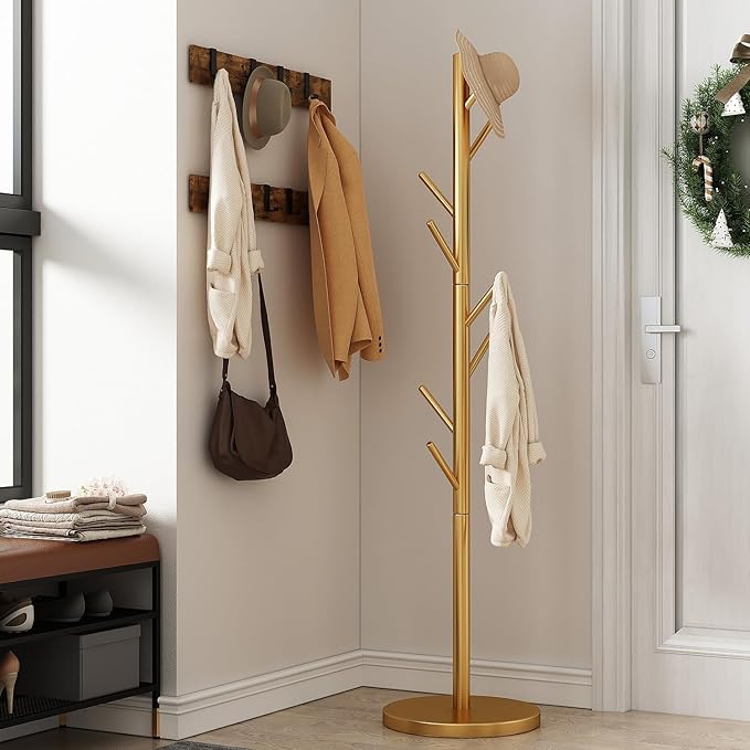 Coat Rack Freestanding Metal Coat Rack Stand with 8 Hooks Sturdy Heavy Duty Modern Coats Tree for Bags Clothes Hall Tree Hats Hanger Holder Stand for Entryway Bedroom Hallway Office, Gold
