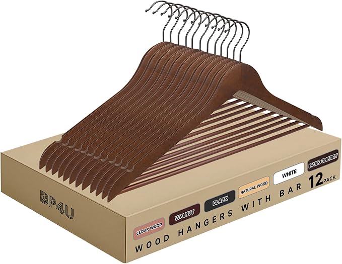 Quality Wooden Clothes Hangers, Solid Wood Suit & Coat Hangers with Pants Bars, Swivel Hook, Shoulder Notches, Heavy Duty Hangers for Shirts, Jackets, Dresses & Trousers(Walnut/12-Pack)