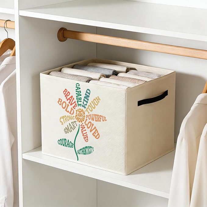 Inspirational Boho Floral Storage Bin Box with Handles, You Are Enough Positive Foldable Baskets Organizer for Kids Room Bedroom Bathroom Clothes Toys Books, Toybox for Girls