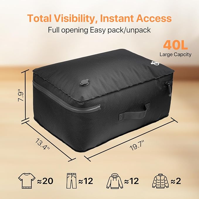 Vacuum Storage Bags with Wireless Pump 40L, 24in Vacuum Bags for Travel Reusable, IP68 Waterproof, Fits 20/24/28in Suitcase, Backpack, Home Storage (2PC + Pump)