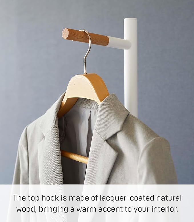 YAMAZAKI Home Tower Freestanding Modern Coat Hook Hanger For Entryway, Office, Or Bedroom With Wooden Accent, 63.98" - Steel + Wood