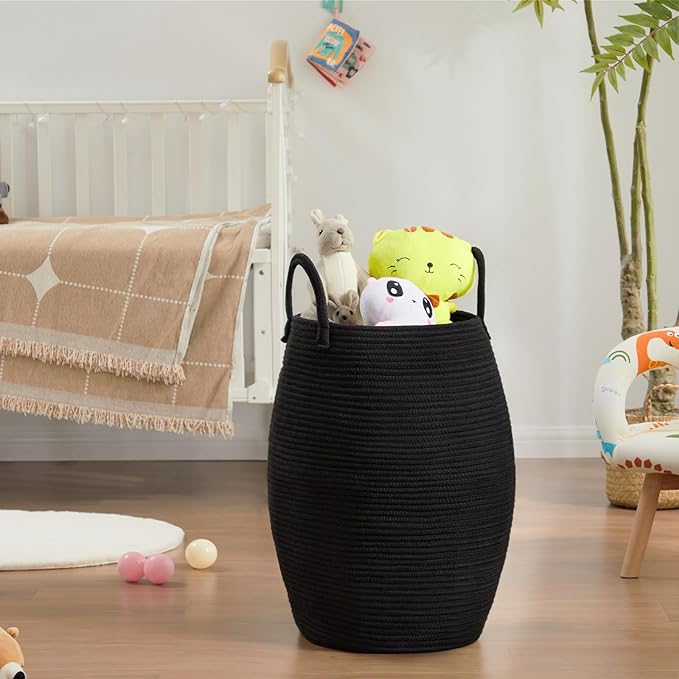 Cotton Rope Laundry Hamper Basket, 65L Woven Large Laundry Basket, Tall Dirty Clothes Hamper for Storage Blankets, Toys in Bedroom, Living Room Organizing-Collapsible-Black