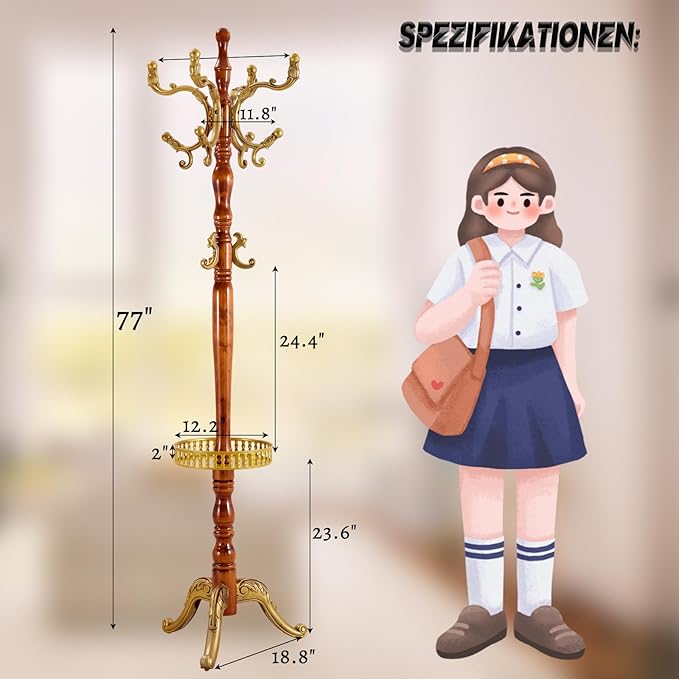 73 in Wood Coat Rack, Coat Rack Freestanding with Stable Round Base, Adjustable Height Tree Coat Racks Stand for Home Bedroom Office Hallway Entryway (Begonia Tray)