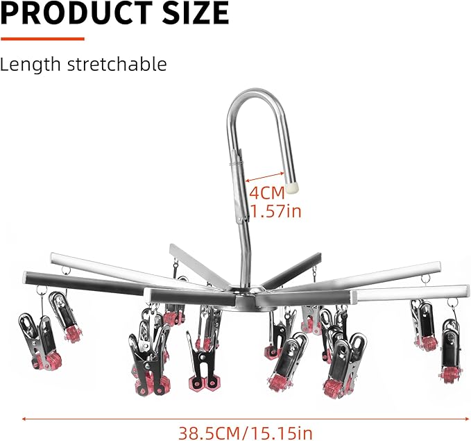 Drying Hanger, Hanging Drying Rack, Drip Hanger Stainless Steel with 16 Pegs for Laundry Underwear Socks, Quickly Remove Clothes from Hanger, Windproof, Folding Portable, (Red)
