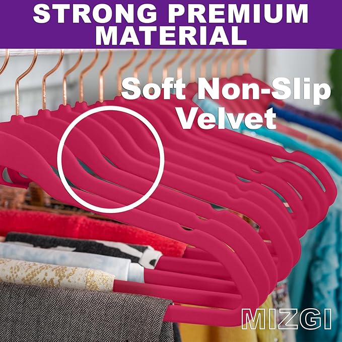 MIZGI Premium Velvet Hangers (50 Pack) Heavyduty - Non Slip Felt Magenta Red Rose Gold Hooks,Space Saving Clothes Hangers,Durable Strong for Suits,Coats Magenta/Rose Gold