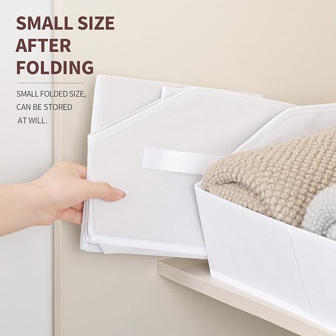 Storage Bins for Shelves - Small Trapezoid Closet Shelf Organizer, Fabric Organization Bins with Handles, Storage Baskets for Clothes, Towel, Purse, 4 Pack, White