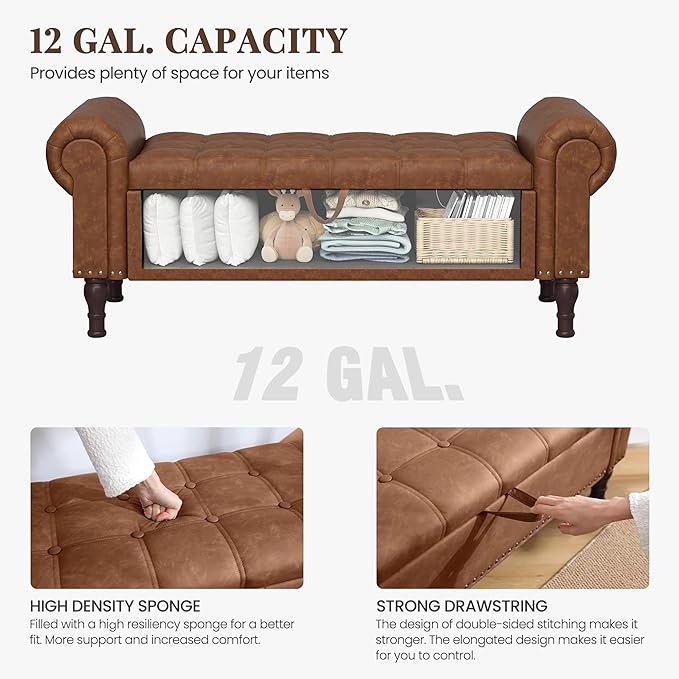 YOUDENOVA 51" Entryway Bench with Storage, PU Leather Storage Bench Chest with Tufted Button, Upholstered Storage Ottoman Bench with Rolled Arms for Bedroom, Living Room, Storage Room, Brown