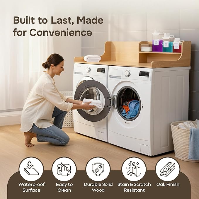 SOBHI | Solid Wood Washer & Dryer Countertop with Laundry Add-Ons | 54″ x 27″ Laundry Room Organization & Storage Topper | 3 Detergent Dispensers & Dryer Sheet Box | Oak Finish
