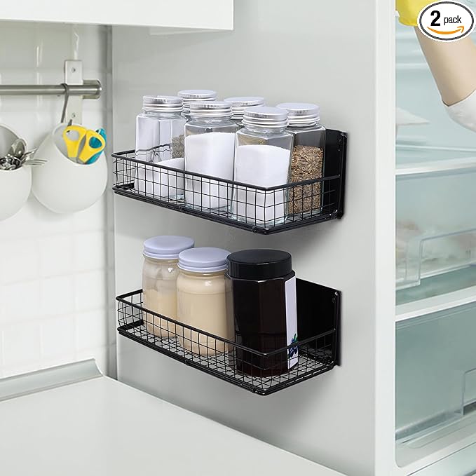 2 Pack Magnetic Basket for Fridge, Magnetic Spice Rack for Side of Refrigerator, Small Magnet Wire Bin Basket Fridge Shelf Organizer Kitchen Classroom Whiteboard Pantry Office Storage, Black