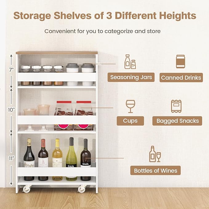 5”W Wooden Slim Rolling Storage Cart, 4 Tier Rolling Spice Rack with Handle, Cabinet Between Washer & Dryer, Slide Out Narrow Kitchen Cart for Kitchen Laundry Narrow Places
