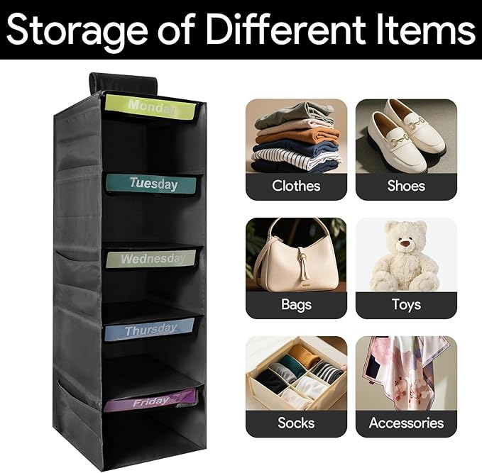 5-Shelf Weekly Clothes Organizer for Kids, Collapsible Hanging Closet Shelves, Baby Closet Organizers and Storage with 6 Side Pockets, Daily Clothing Divider for Boys and Girls (Black)