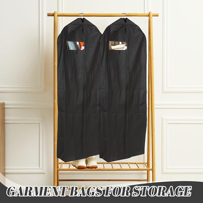 2 Pcs 10" Gusseted Garment Bags for Hanging Clothes Dress Bags for Gowns Long Closet Waterproof Garment Covers Wedding Dress Cover Traveling Clothes Protector(Black,65 Inch)