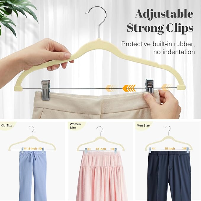 HOUSE DAY Velvet Skirt Hangers 12 Pack, Beige Velvet Pant Hangers with Adjustable Clips, Space Saving Slim Shorts Hanger, Heavy Duty Non Slip Clip Hanger for Pants, Skirts, Shorts