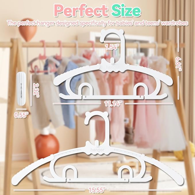30 Pack Baby Hangers,with 16 Detachable Clips Adjustable 11.14"-15.55", Stackable Kids Closet Hangers, Two Bottom Grooves for Secure Clip Placement.Fits Newborns,Toddlers, Children & Teens(White)