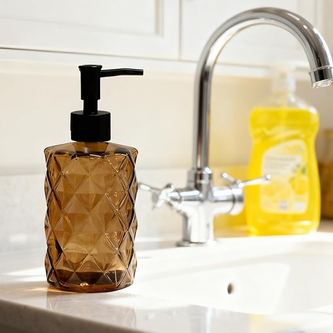 Brown Soap Dispenser, 12oz Black Pump Green Glass Soap Dispenser, Refillable Hand Liquid Dispenser Set, Lotion Dish Dispenser for Modern Home Decor, Bathroom, Kitchen Countertop(2 Pack)